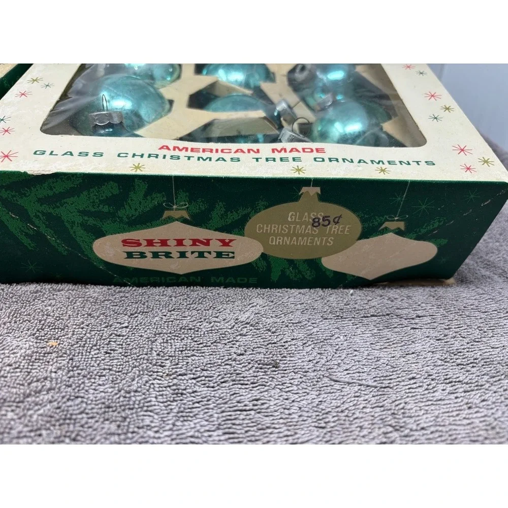 Shiny Brite Glass Ornaments Blue Silver Vintage 12pc MCM USA Made Box Set